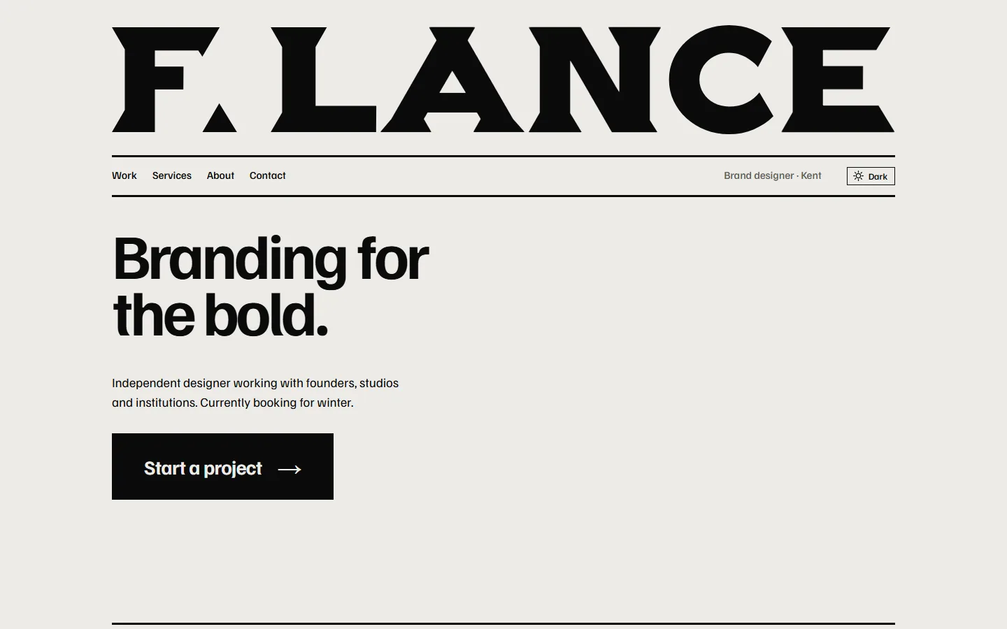 The F.Lance homepage in light mode