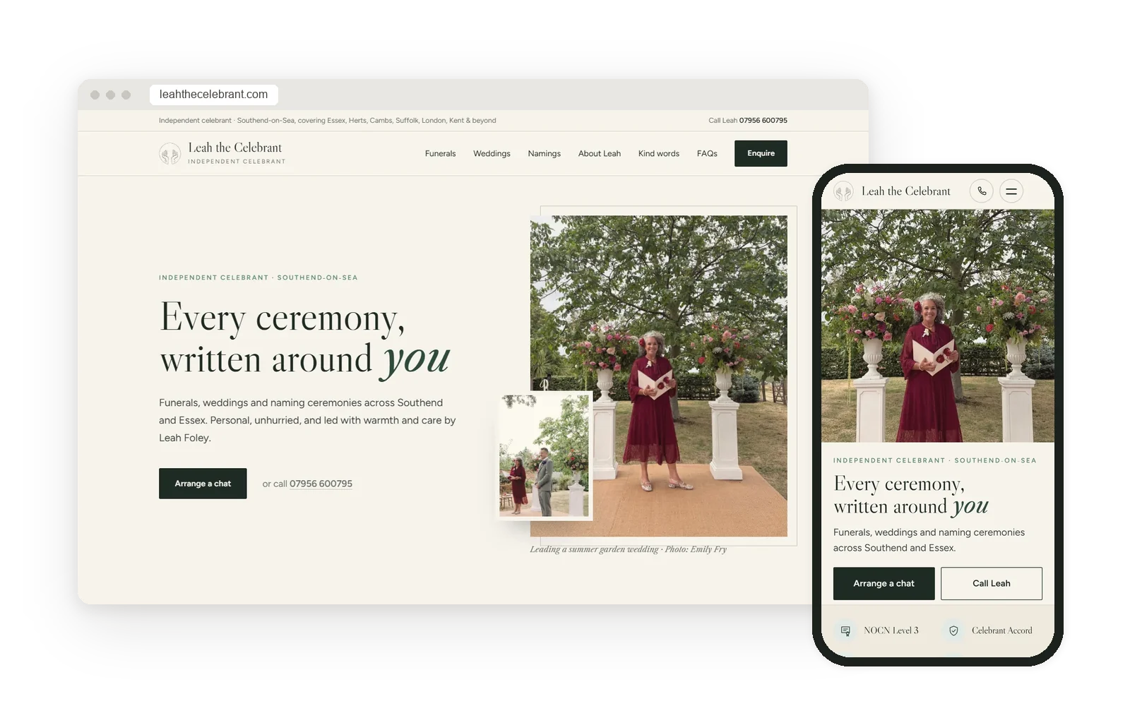 Leah the Celebrant's new website on a laptop and phone