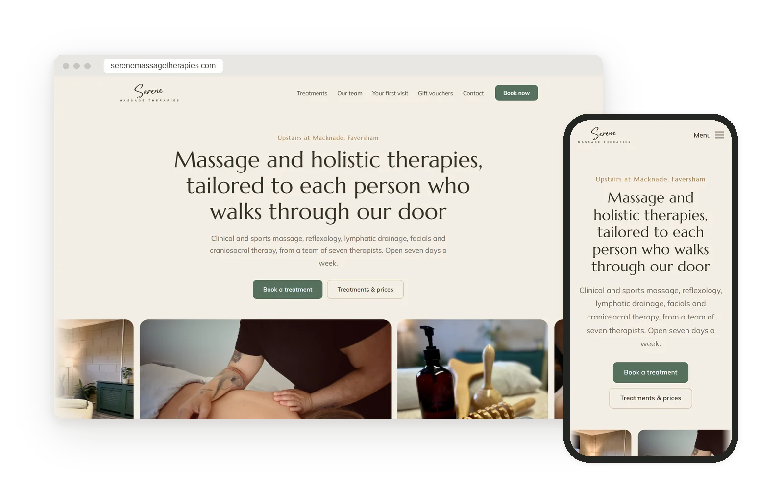 The Serene Massage Therapies website on a laptop and phone